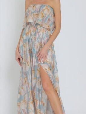 Strapless Floral Ruffle Maxi Dress in Light Blue